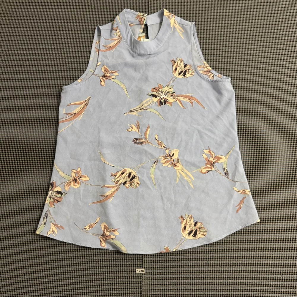 Veronica M Womens Floral Mock Neck Sleeveless Blouse Blue Tan Small Made in USA